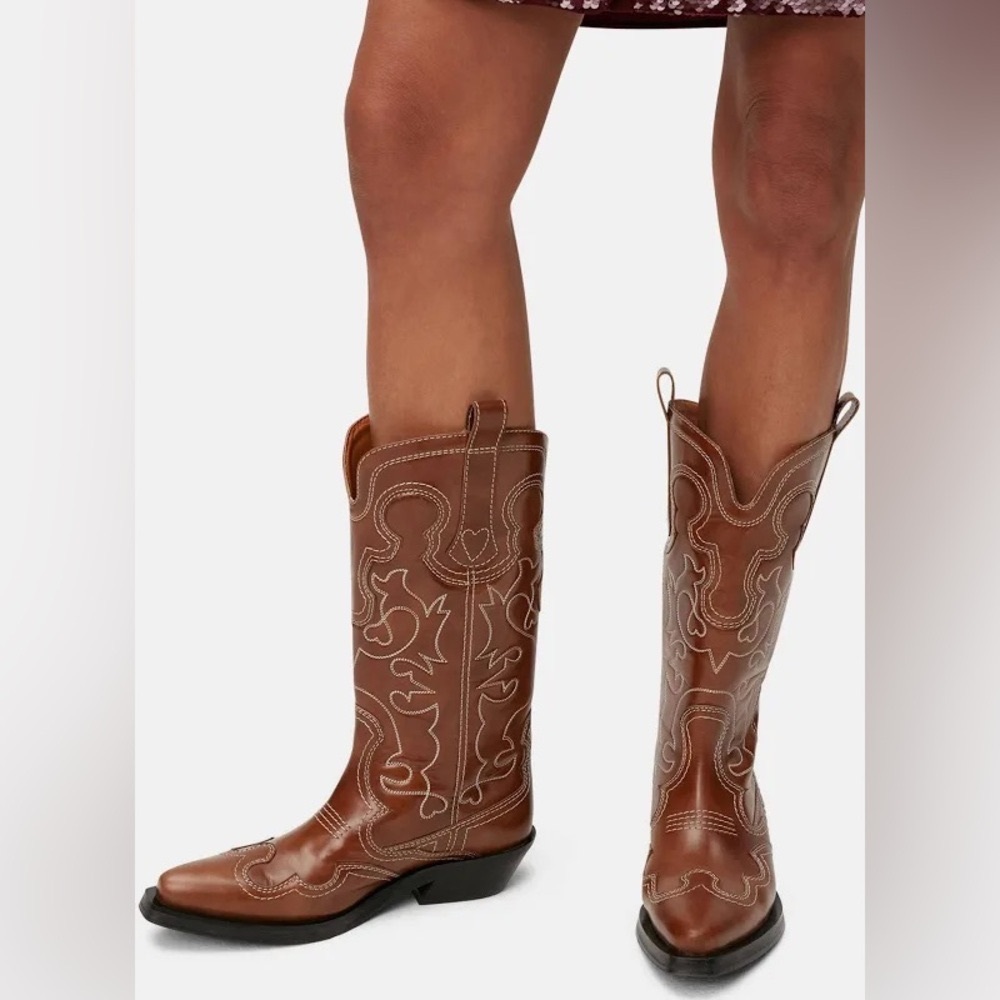 (New) Ganni Mid Shaft Embroidered Western Boots - Tigers Eye